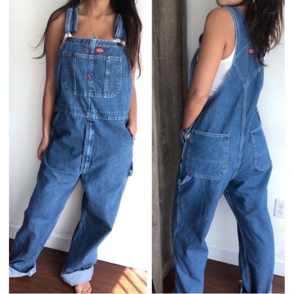 Dickies Denim Jean Overalls Bibs Carpenter Dark‎ Blue workwear y2K  Large - Picture 3 of 8